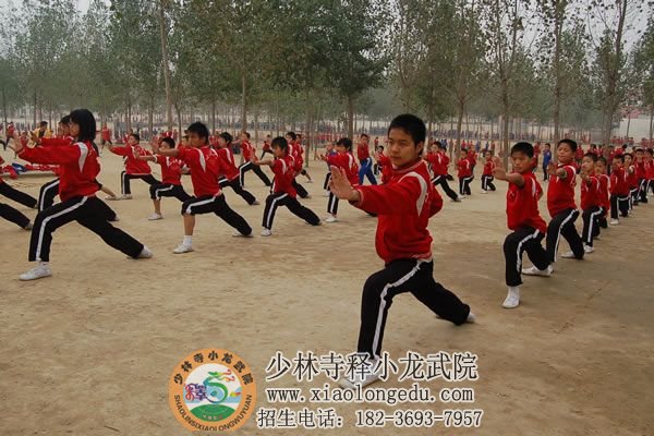 嵩山少林武术学校（少林小龙武院）学员正在认真学习少林功夫